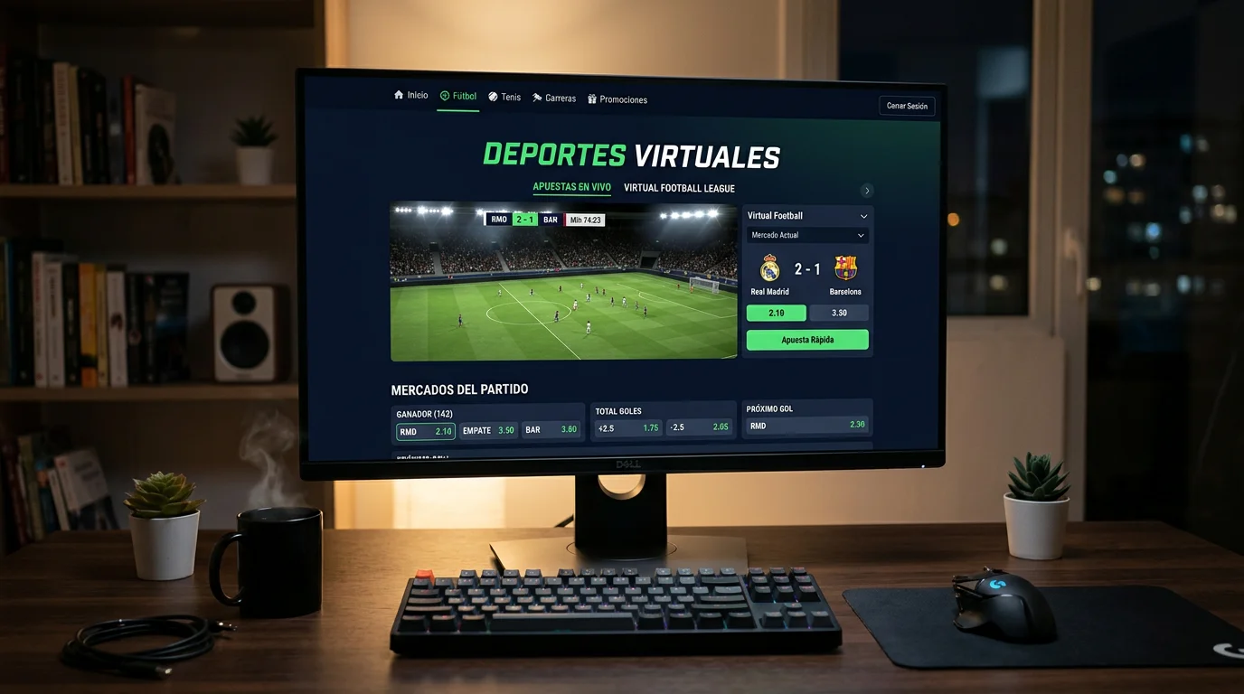 Pantalla de apuestas deportivas virtuales mostrando resultados de fútbol virtual en una plataforma española