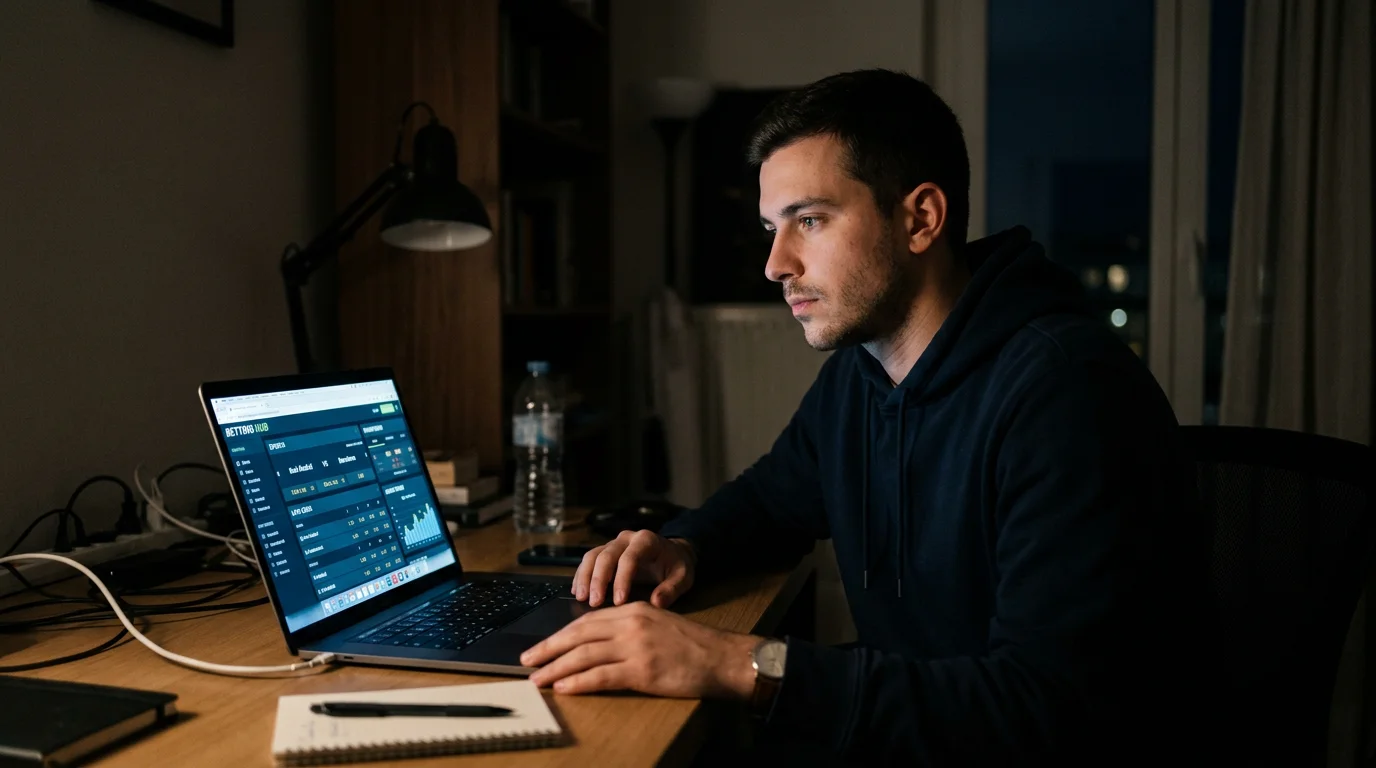 Hombre joven reflexionando sobre el juego responsable en apuestas deportivas virtuales